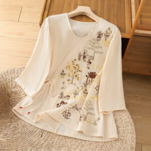 Buddha Stones Retro Embroidery Lace-Up Women's Cotton Linen T-Shirt - LemonChiffon - US12，UK/AU16，EU44 (2XL) - image 1
