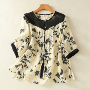 Buddha Stones Vintage Printing Floral Buttons Color Contrast Half Sleeve Women's Shirt - Black - US8-10，UK/AU12-14，EU40-42 (2XL) - image 1