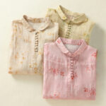 Buddha Stones Casual Printing Frog-Buttons Lapel Half Sleeve Women's Cotton Shirt - image 24
