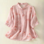Buddha Stones Casual Printing Frog-Buttons Lapel Half Sleeve Women's Cotton Shirt - LightCoral - US8-10，UK/AU12-14，EU40-42 (2XL) - image 1