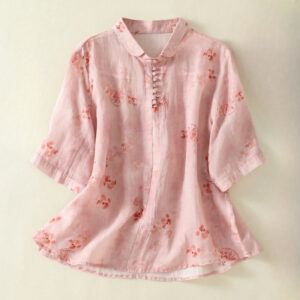 Buddha Stones Casual Printing Frog-Buttons Lapel Half Sleeve Women's Cotton Shirt - LightCoral - US8-10，UK/AU12-14，EU40-42 (2XL) - image 1