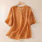 Buddha Stones Embroidery Floral Hem Slit Women's Cotton Linen T-Shirt - DarkOrange - US14，UK/AU18，EU46 (2XL) - image 10