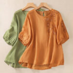 Buddha Stones Embroidery Floral Hem Slit Women's Cotton Linen T-Shirt - image 20