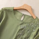 Buddha Stones Embroidery Floral Hem Slit Women's Cotton Linen T-Shirt - image 3