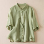 Buddha Stones Retro Plain Fake Two Pieces Button Design Women's Cotton Linen Shirt - LightGreen - US12，UK/AU16，EU44 (2XL) - image 19