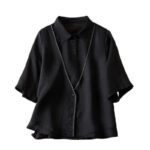Buddha Stones Retro Plain Fake Two Pieces Button Design Women's Cotton Linen Shirt - image 35