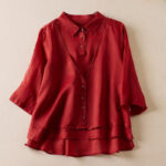 Buddha Stones Retro Plain Fake Two Pieces Button Design Women's Cotton Linen Shirt - Crimson - US12，UK/AU16，EU44 (2XL) - image 9