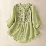 Buddha Stones Casual Embroidery Single Breasted Women's Cotton Linen Shirt - LightGreen - US12，UK/AU16，EU44 (2XL) - image 1