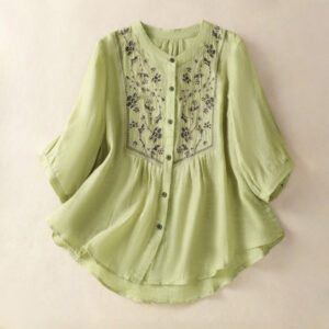 Buddha Stones Casual Embroidery Single Breasted Women's Cotton Linen Shirt - LightGreen - US12，UK/AU16，EU44 (2XL) - image 1