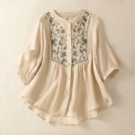 Buddha Stones Casual Embroidery Single Breasted Women's Cotton Linen Shirt - PaleGoldenrod - US12，UK/AU16，EU44 (2XL) - image 19