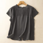 Buddha Stones Summer Pure Color Ruffled Pleated Design Women's Cotton Shirt - DarkSlateGray - US12，UK/AU16，EU44 (2XL) - image 7