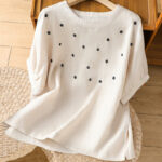 Buddha Stones Vintage Plain Embroided Floral Half Sleeve Women's Cotton T-Shirt - Beige - US14，UK/AU18，EU46 (2XL) - image 15