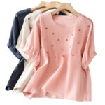 Buddha Stones Vintage Plain Embroided Floral Half Sleeve Women's Cotton T-Shirt - image 25