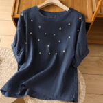 Buddha Stones Vintage Plain Embroided Floral Half Sleeve Women's Cotton T-Shirt - MidnightBlue - US14，UK/AU18，EU46 (2XL) - image 1