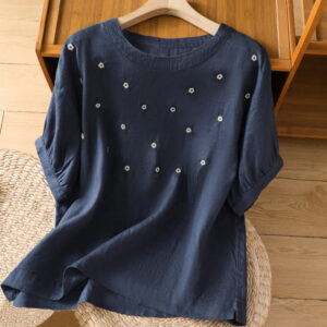 Buddha Stones Vintage Plain Embroided Floral Half Sleeve Women's Cotton T-Shirt - MidnightBlue - US14，UK/AU18，EU46 (2XL) - image 1
