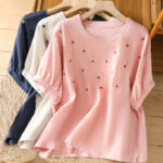 Buddha Stones Vintage Plain Embroided Floral Half Sleeve Women's Cotton T-Shirt - image 23