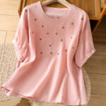 Buddha Stones Vintage Plain Embroided Floral Half Sleeve Women's Cotton T-Shirt - LightPink - US14，UK/AU18，EU46 (2XL) - image 7
