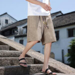 Buddha Stones Weaving Waist Rope Beads Cropped Linen Men's Shorts With Pockets - image 7