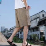 Buddha Stones Weaving Waist Rope Beads Cropped Linen Men's Shorts With Pockets - image 3