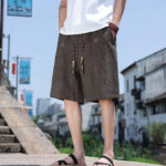 Buddha Stones Weaving Waist Rope Beads Cropped Linen Men's Shorts With Pockets - image 11