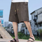 Buddha Stones Weaving Waist Rope Beads Cropped Linen Men's Shorts With Pockets - image 12