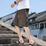 Buddha Stones Weaving Waist Rope Beads Cropped Linen Men's Shorts With Pockets - image 16