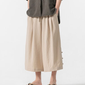 Buddha Stones Casual Loose Frog-Button Plain Men's Cotton 7-8 Length Wide Leg Pants With Pockets