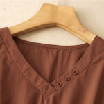 Buddha Stones Spring Plain V-neck Design Half Sleeve Cotton Linen Midi Dress With Pockets - image 3