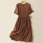 Buddha Stones Spring Plain V-neck Design Half Sleeve Cotton Linen Midi Dress With Pockets - Chocolate - US8-10，UK/AU12-14，EU40-42 (2XL) - image 1
