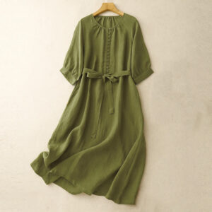 Buddha Stones Spring Plain Crew Neck Lace-up Half Sleeve Cotton Linen Midi Dress - OliveDrab - US14，UK/AU18，EU46 (2XL) - image 1
