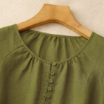 Buddha Stones Spring Plain Crew Neck Lace-up Half Sleeve Cotton Linen Midi Dress - image 3