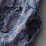 Buddha Stones Flower Leaf Print Frog-Button Half Sleeve Mandarin Collar Cotton Midi Dress - image 5