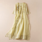 Buddha Stones Embroidered Leaf Crew Neck Half Sleeve Cotton Fiber Midi Dress - Khaki - US8-10，UK/AU12-14，EU40-42 (2XL) - image 1