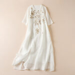 Buddha Stones Embroidered Leaf Crew Neck Half Sleeve Cotton Fiber Midi Dress - Snow - US8-10，UK/AU12-14，EU40-42 (2XL) - image 8