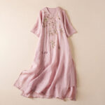 Buddha Stones Embroidered Leaf Crew Neck Half Sleeve Cotton Fiber Midi Dress - Pink - US8-10，UK/AU12-14，EU40-42 (2XL) - image 15