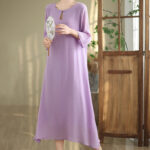 Buddha Stones Casual Plain Frog-Button Crew Neck Three Quarter Sleeve Cotton Midi Dress - image 6