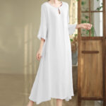 Buddha Stones Casual Plain Frog-Button Crew Neck Three Quarter Sleeve Cotton Midi Dress - White - US8-10，UK/AU12-14，EU40-42 (2XL) - image 15