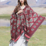 Buddha Stones Tibetan Shawl Triangle Pattern Hooded Cloak Winter Cozy Travel Scarf Wrap Tibetan Shawl BS Dark Red 130*150cm