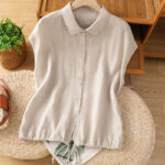 Buddha Stones Summer Plain Color Button Short Sleeve Women's Cotton Shirt - Linen - US14，UK/AU18，EU46 (2XL) - image 24