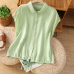 Buddha Stones Summer Plain Color Button Short Sleeve Women's Cotton Shirt - LightGreen - US14，UK/AU18，EU46 (2XL) - image 17