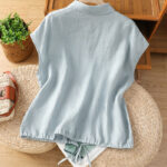 Buddha Stones Summer Plain Color Button Short Sleeve Women's Cotton Shirt - image 4