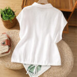 Buddha Stones Summer Plain Color Button Short Sleeve Women's Cotton Shirt - image 10