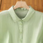 Buddha Stones Summer Plain Color Button Short Sleeve Women's Cotton Shirt - image 18