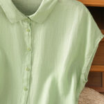 Buddha Stones Summer Plain Color Button Short Sleeve Women's Cotton Shirt - image 19