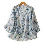Buddha Stones Blue Floral V-Neck Three Quarter Sleeve Women's Cotton Shirt - image 17