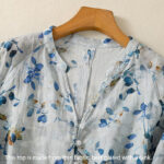 Buddha Stones Blue Floral V-Neck Three Quarter Sleeve Women's Cotton Shirt - image 6