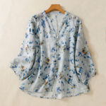 Buddha Stones Blue Floral V-Neck Three Quarter Sleeve Women's Cotton Shirt - LightBlue - US14，UK/AU18，EU46 (2XL) - image 1