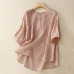Buddha Stones Line Embroidery Button Crew Neck Half Sleeve Women's Cotton Shirt - Pink - US14，UK/AU18，EU46 (2XL) - image 13
