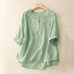 Buddha Stones Line Embroidery Button Crew Neck Half Sleeve Women's Cotton Shirt - LightBlue - US14，UK/AU18，EU46 (2XL) - image 1