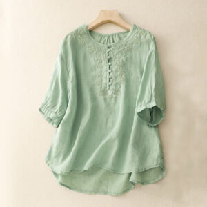 Buddha Stones Line Embroidery Button Crew Neck Half Sleeve Women's Cotton Shirt - LightBlue - US14，UK/AU18，EU46 (2XL) - image 1